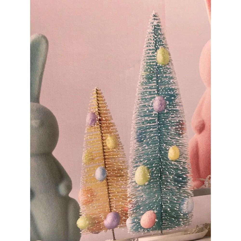 2 Flocked Bunnies Rabbits And 3 Bottlebrush Trees w Egg 5pc Easter Spring Decor